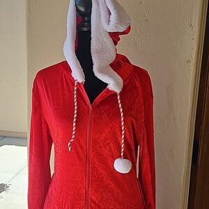 Mrs Claus costume has red zipper front dress with hood size small